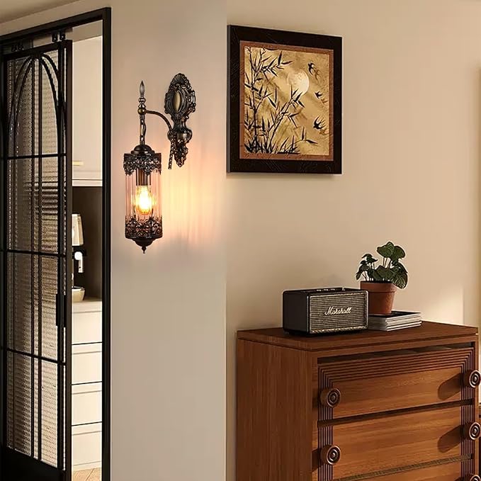Rustic Wall Sconce with Clear Glass,Vintage Antique Gothic Wall Light Fixture E26 Mid Centry Lantern Bedside Sconces Wall Lighting for Living Room Bathroom Hallway Mirror