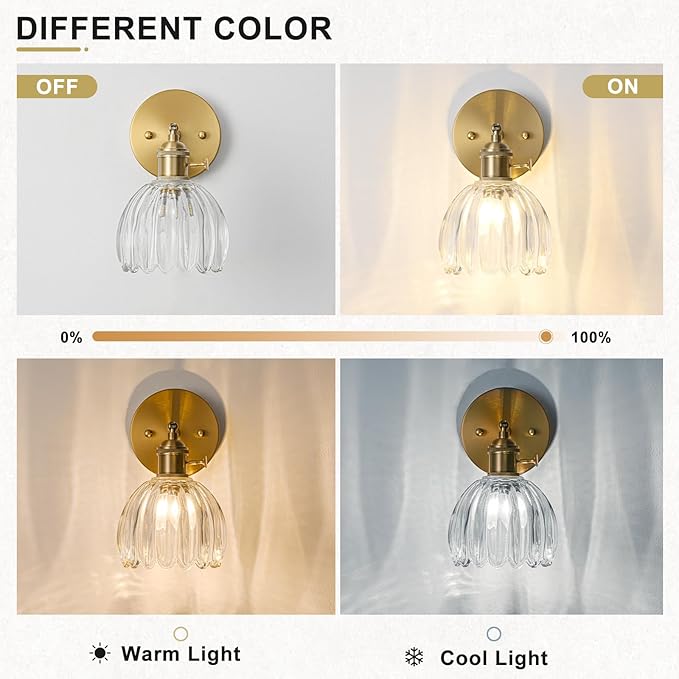 Wall Sconces Set of Two Hardwired, Vintage Sconce Light with Tulip Transparent Glass Lampshade, Bathroom Wall Lights with Switch, Gold Wall Light Sconces Wall Decor Set of 2
