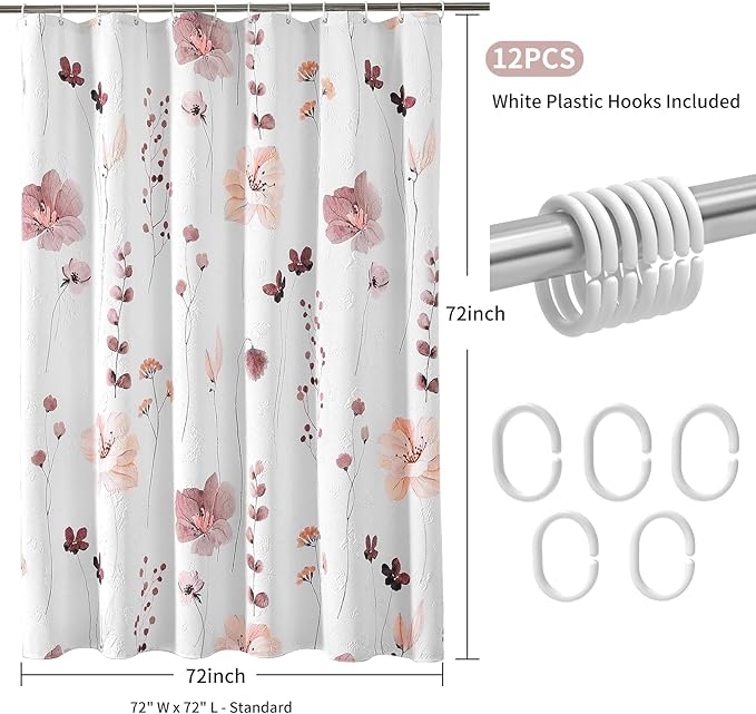 QiyI Watercolor Floral Shower Curtain, 3D Embossed Butterflies Pink Brown Flower Bathroom Curtain, Minimalist White Cloth Bath Curtain, Waterproof Fabric Textured Shower Curtain Set with Hooks, 72x72