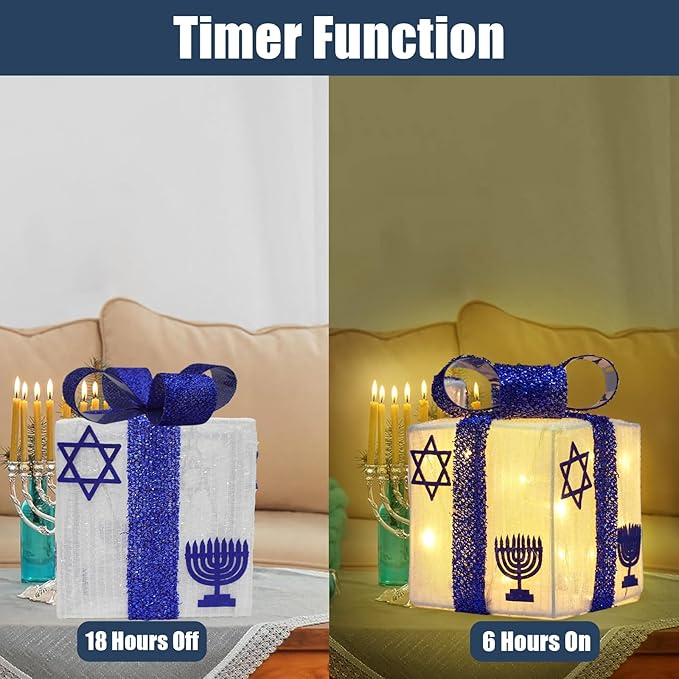 Krissing 3pcs Lighted Hanukkah Gift Boxes for Hanukkah Decorations, Christmas White and Blue Gift Boxes Decor for Chanukah Party Table Centerpieces Yard Jewish Christmas Tree Ornaments