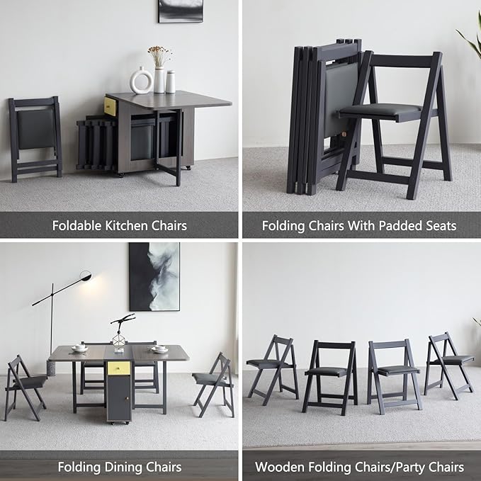 FUNROLUX Folding Dining Chairs with Padded Seats 2 Pack Wooden Folding Chairs for Kitchen Table Event Party Indoor 198LB Weight Capacity (Grey)
