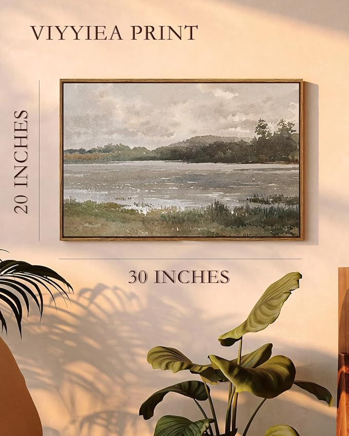 VIYYIEA Vintage Nature Large Framed Wall Art, Lakeside Landscape Paintings Art Decor Aesthetic, Canvas Print Artwork, Retro Scenery Wall Pictures for Bedroom Bathroom Office 20x30 Inch