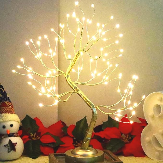FUCHSUN 108 LED Tabletop Tree Light, Lighted Bonsai Fairy Twinkle Tree Lamp with 8 Lighting Modes & Timer, Home Bedroom Living Room Christmas Decoration, Battery/USB Powered (Golden Branches)