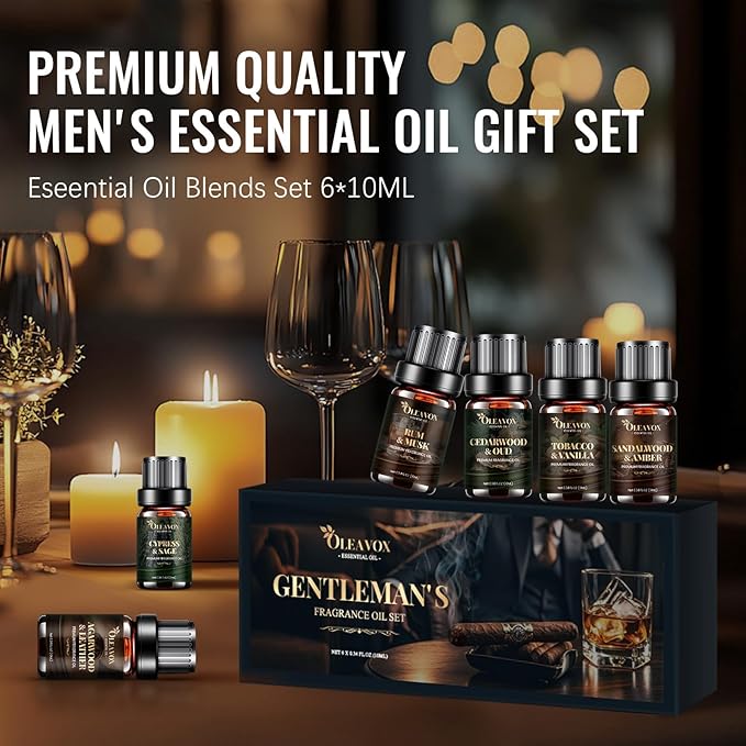 Men Essential Oils Gift Set, Premium Fragrance Oil for Diffusers for Home, Candle & Soap Scents,Agarwood & Leather,Tobacco & Vanilla, Sandalwood & Amber, Cypress & Sage, Rum & Musk,Cedarwood & Oud