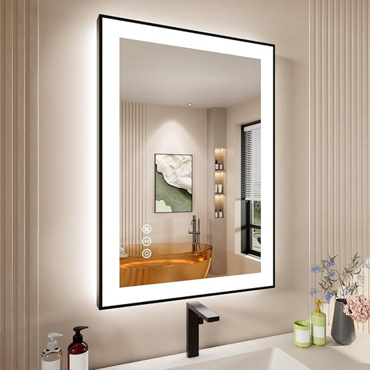24x28 Inch LED Bathroom Mirror with Black Frame, Backlit and Front Lighted Bathroom Mirrors for Wall, Anti-Fog, Dimmable, Memory, Shatterproof, LED Vanity Mirror for Bathroom