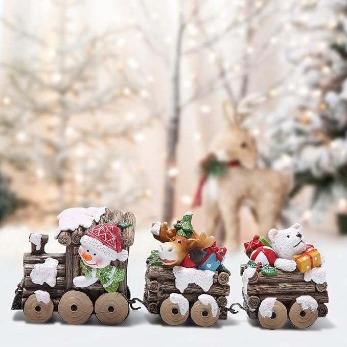 Hodao Christmas Decorations Indoor Home Decor Christmas Small Train Figurines Winter for Table Top Centerpiece Fireplace Decor Cute Christmas Train Decoration Gift (Wood Color Train)