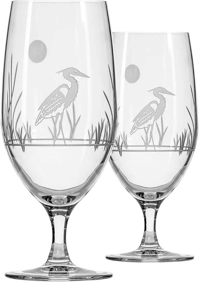 Rolf Glass Heron Footed Iced Tea Glass | 16oz Set of 2 Glasses | Lead-Free Diamond-Wheel Engraved Glass | Made in the USA