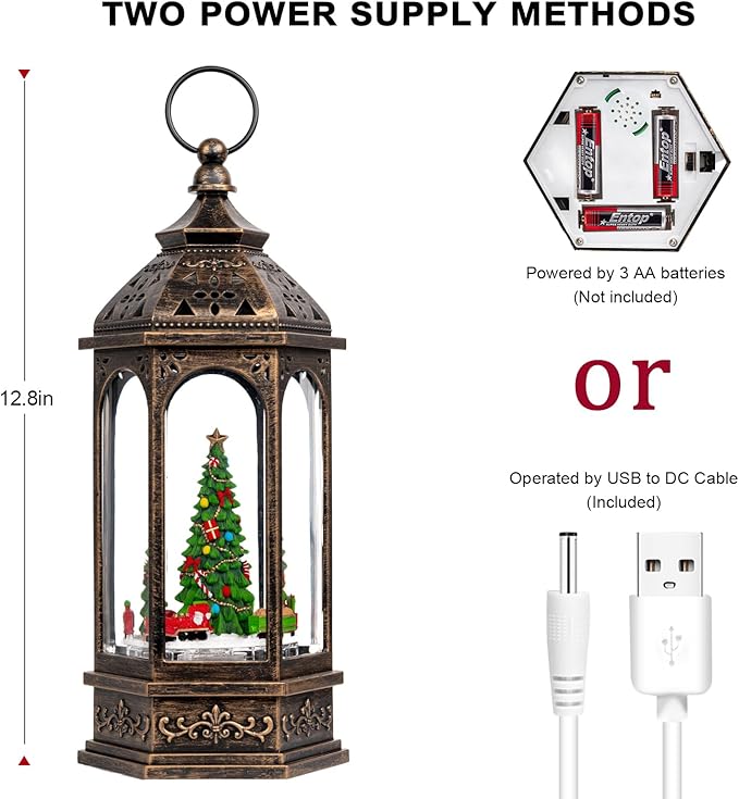 12.8'' Christmas Snow Globe, Santa Train Will Rotate Around The Christmas Tree with Musics Swirling Glitter Water Lantern Decoration for Home, Battery Operated or USB Powered