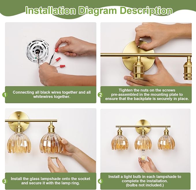 Vintage Bathroom Light Fixtures,3-Light Hardwired Vanity Lights Over Mirror,Gold Wall Sconces with Green Tulip Glass Shade for Bathroom Living Room,E26 Socket(Bulbs Not Included)