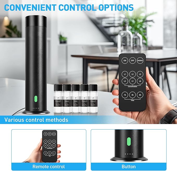 Waterless Scent Diffuser Starter Kit - 800 Sq Ft Coverage, Hotel Scent Diffuser, Essential Oil Diffuser Large Room, Included 5 Scent Oils, Remote Control, Black, 11.20In