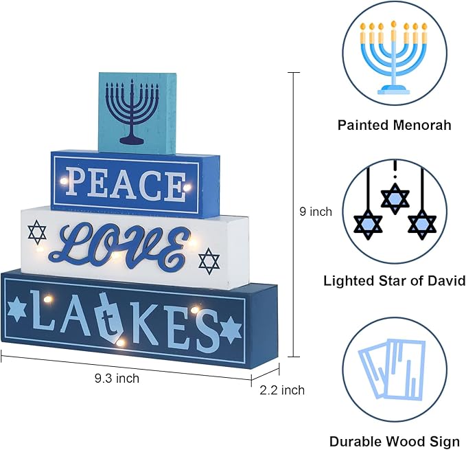 Hanukkah Decorations for Home, 4-Layered LED Wood Block with Dreidel Star of David Menorah Hanukkah Decor, Decorative Blue & White Jewish Judaism Chanukah Decor for Mantel Tabletop Party