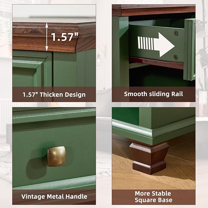 Farmhouse End Tables Living Room Set of 2, Rustic Wood Nightstand with 1 Drawer, Bedside Table with Open Shelf for Bed Room, Side Table for Living Room, Green