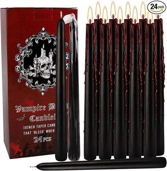 24 Pack Vampire Tears Taper Candles, 10 inch Tall Bleeding Candles, Unscented Black Tapered Candlesticks, Spooky Blood Drip Candle Set for Halloween Party Gothic Home Decorations