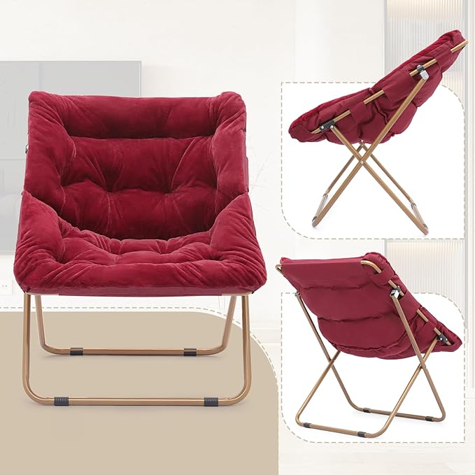 Athena Collection Saucer Chair for Adult, Square Comfy Cozy Chair Folding Chair Faux Fur Metal Frame Foldable Reading Chair Accent Chair for Bed Room Living Room, Brown