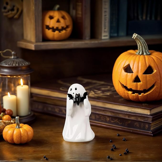 Halloween Cute Ghost Figurine with Black Batβ Resin Mini Ghost Statue for Spooky Home Decor, alloween Ghost Decor for Table, Shelf, Desk, Mantel