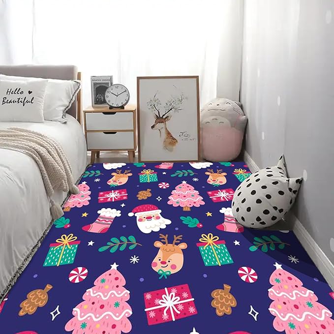 kxry Area Rugs 3X5 Feet, Christmas Soft Machine Washable Area Rugs Xmas Santa Claus Reindeer Xtmas Tree Non Slip Foldable Floor Carpet for Living Room Bedroom Dining Room Dorms Nursery Rooms Office