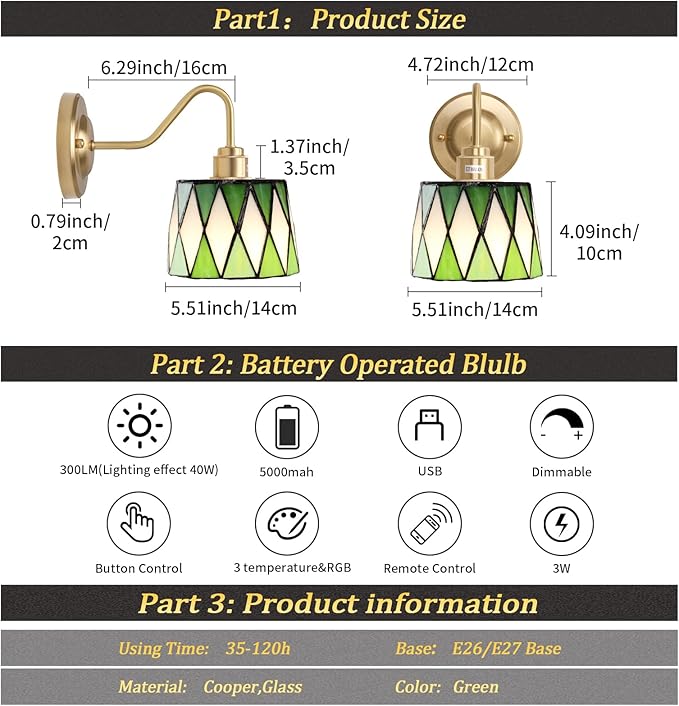 Vintage Battery Operated Wall Sconce Set of 2, 5000mAh Rechargeable Wall Lamp 12 RGB Colors Dimmable, Gold Lights Fixture for Bedroom Bathroom Living Room Hallway Green Checker