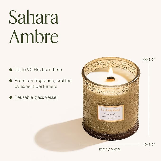 LA JOLIE MUSE Fall Candle | Sahara Amber Candle – Bergamot, Clove & Amber | 19 oz Wooden Wick | Natural Soy Wax | 90 Hours Clean Burn | Gift-Ready for Cozy Nights | Elevated Fall Décor