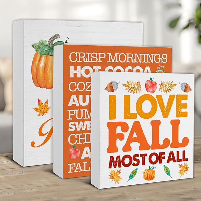 3 Pcs Fall Wood Signs Decor Autumn Wood Block Signs Farmhouse Fall Pumpkins Leaves I Love Fall Most of All Wooden Box Signs Home Decorations for Kitchen Tiered Tray Desk Table Shelf