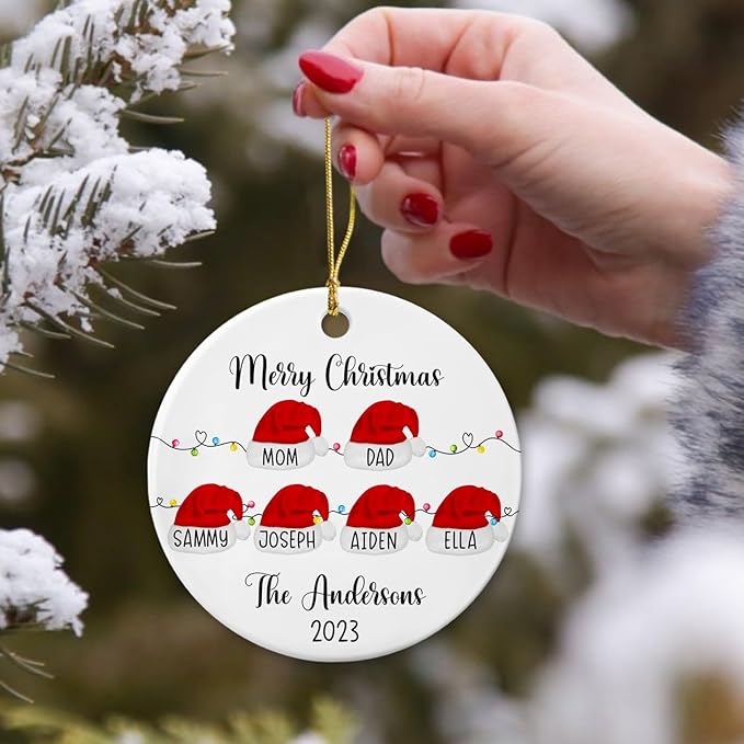 Merry Christmas Family Santa Hats Ornament, Personalized Family Ceramic Ornament, Family of 6 Ornament Gift for Family Keepsake, Custom 1st Xmas As A Family of Six Ornament 2025, Santa Ornaments