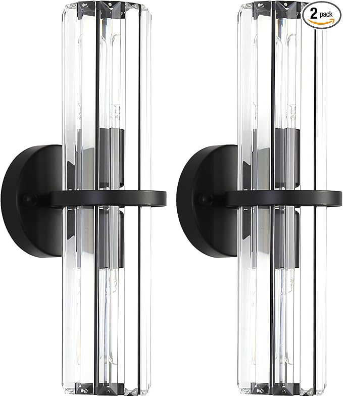 Crystal Wall Sconce Set of Two, 2-Light Black Luxury Indoor Vanity Wall Lamp, 15.7-Inch Upper and lower illuminated Bathroom Light Fixtures, for Living Room, Bedroom, Bathroom, Hallway, Mirror, E26