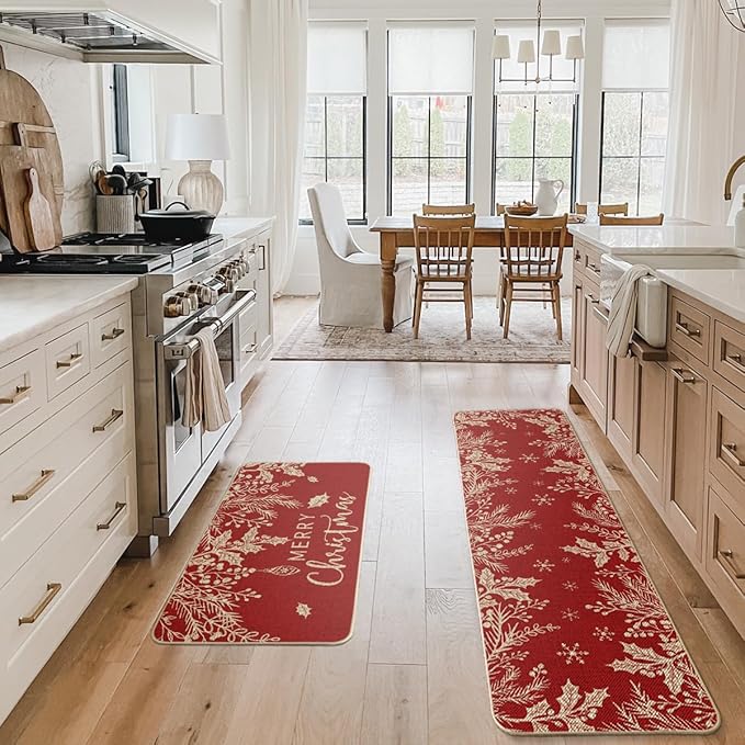 Artoid Mode Holly Pine Branches Leaves Merry Christmas Kitchen Mats Set of 2, Winter Decor Low-Profile Kitchen Rugs for Floor - 17x29 and 17x59 Inch