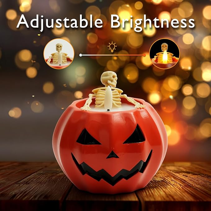 Homemory Halloween Flameless Pumpkin Candles, 2Pcs LED Real Wax Pumpkin Lamp with Skeleton, Flickering Battery Operated Candles with Remote for Halloween Decor, Theme Party, Holiday Gift, Orange