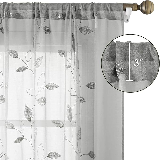 HOMEIDEAS Light Grey/Gray Sheer Curtains 52 X 96 Inches Long 2 Panels Embroidered Leaf Pattern Pocket Faux Linen Floral Semi Sheer Voile Window Curtains/Drapes for Bedroom Living Room