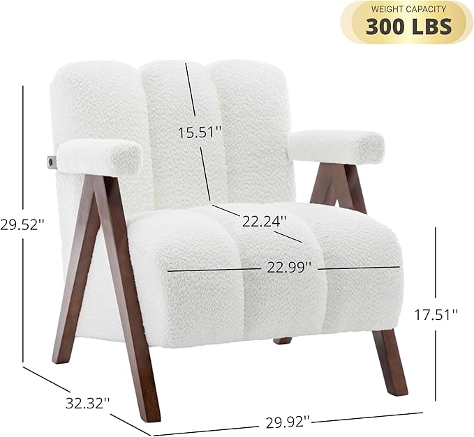 Mid Century Modern Accent Chairs Set of 2 with Solid Wood Frame, Boucle Upholstered Living Room Chairs with Thick Cushion, Comfy Tufted Arm Chair for Bedroom, Ivory