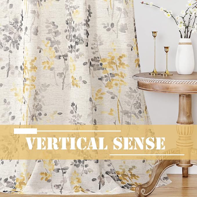 H.VERSAILTEX Linen Sheer Curtains for Living Room Sheer Panels 63 Inches Long Light Filtering Tab Top Window Treatment Drapes for Bedroom, 2 Panels, Vintage Classical Floral Print Yellow and Taupe