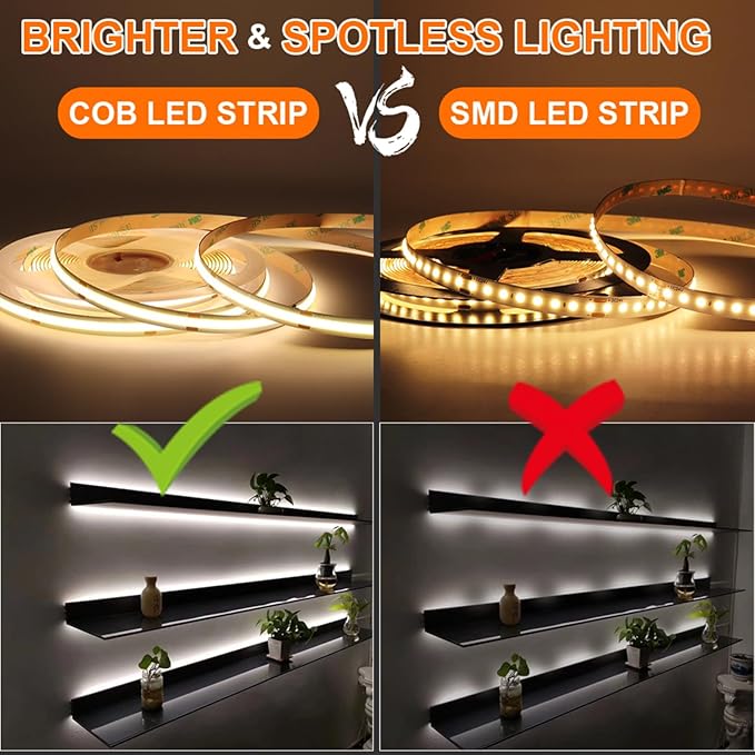 32.8FT COB LED Strip Light 24V 2700K RA90+ Flexible High Bright Dimmable LED Tape, 8mm Width Strip Light with 3840 LEDs for Home Indoor Lighting Decor (Without Power Supply or Adapter)