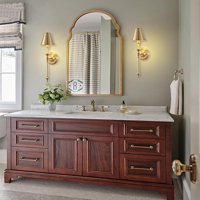 Brushed Brass Wall Sconce Modern Gold Bathroom Wall Lighting Vanity Light Fixtures with Metal Lampshade Industrial Mid Century Wall Mount Lights for Living Room Bedroom Stairs Corridor Mirror