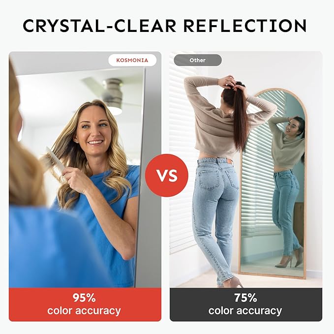 Kosmonia 64x24 Frameless Full Length Silver Coating Mirror w/Distortion Free, HD Reflection &Anti Desilvering, Tempered Glass & Shatter Proof Film Doubling Safety, Easy Setup w/Stand, Wall/Standing