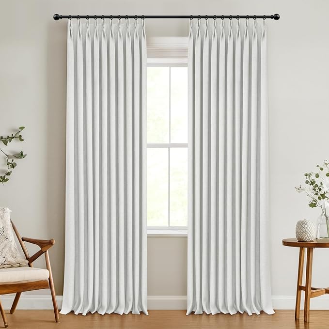 100% Blackout Shield Linen Look Textured Pinch Pleated Curtains Blackout Drapes 96 Inch Long 2 Panels Set, Faux Linen Blackout Curtains for Bedroom & Living Room, 40" W x 96" L, Bright White