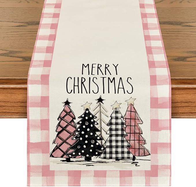 Artoid Mode Watercolor Pink Buffalo Plaid Christmas Trees Merry Xmas Table Runner, Seasonal Winter Holiday Kitchen Dining Table Decoration for Indoor Outdoor Home Party Decor 13 x 90 Inch
