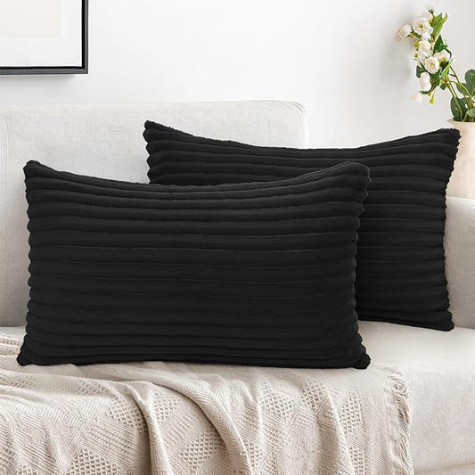 Simmore Decorative Fall Throw Pillow Covers 12x20 Set of 2, Soft Natural Plush Flannel Double-Sided Fluffy Lumbar Pillow Covers for Couch Sofa Living Room, Black