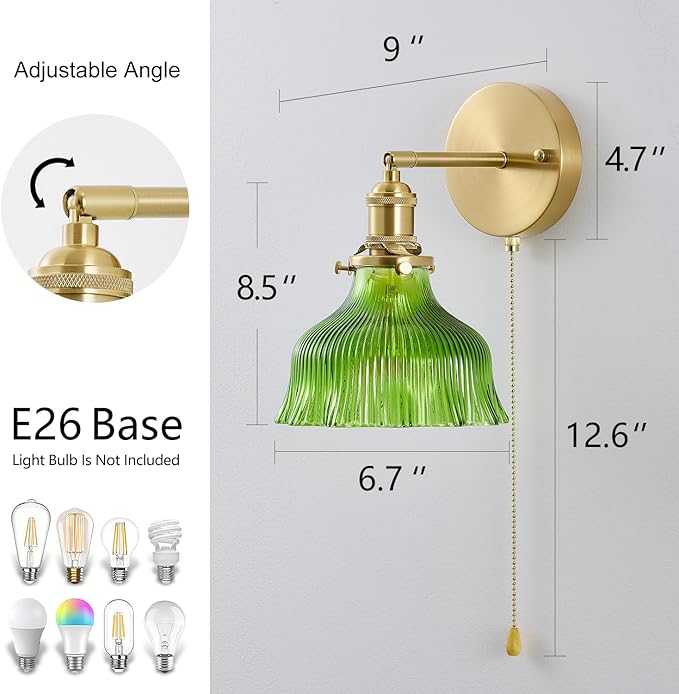 Vintage Wall Sconce 1 Pack, Flower Green Glass Shade Gold Wall Lamp with 12.6 Inch Cable Switch, Modern Bathroom Wall Sconces for Bedroom Corner Hallway
