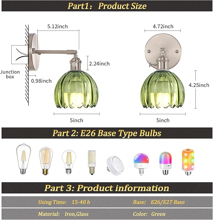 Battery Operated Wall Sconce with Cute Green Tulip Glass Lampshade Rechargeable Wireless Wall Light with Remote Control for Bedside Bedroom Doorway, Satin Nickel, Set of 2