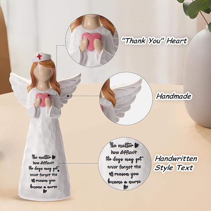 Nurse Gifts for Women,Handmade 6 inch Angel Figurines Holding Heart - Gifts for Nurses Graduation/Week/Retirement/Appreciation, Inspirational Resin Home Decor with Nurse's Motto Engraved