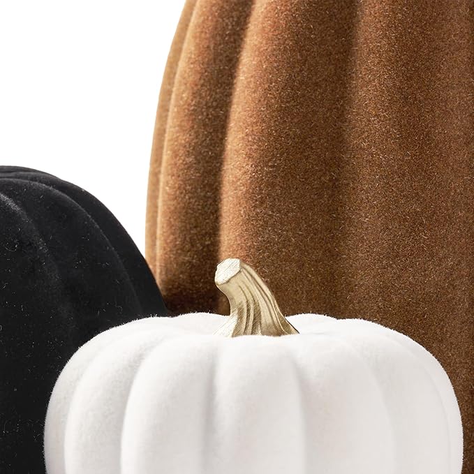 DN DECONATION 3 Pcs Fall Pumpkin Decorations – Flocked White Brown Black Resin Pumpkins Figurines for Autumn Thanksgiving Halloween Decoration, Faux Artificial Pumpkin for Home Table Mantel Decorating