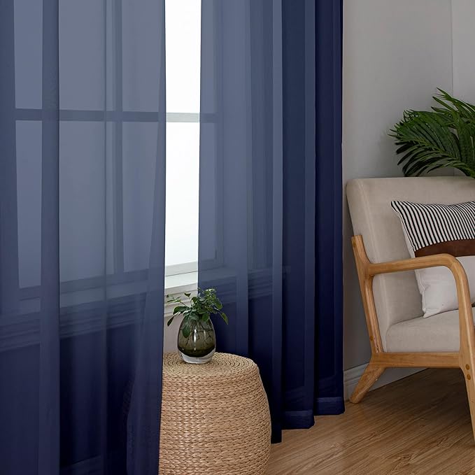 Aiyufeng Sheer Navy Blue Curtains 84 inch Length 2 Panels Set, Airy Soft-Touching Rod Pocket Voile Drapes for Living Room/Bedroom, Each 40W x 84L