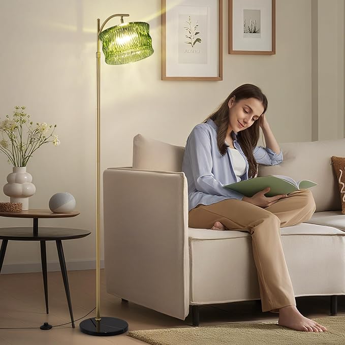 Glass Floor Lamp for Living Room, Modern Gold Standing Lamp with Remote Control & 3 Color Temperature, Green Floor Lamps with Glass Lampshade Dimmable Tall Floor Lamp for Bedroom Corner