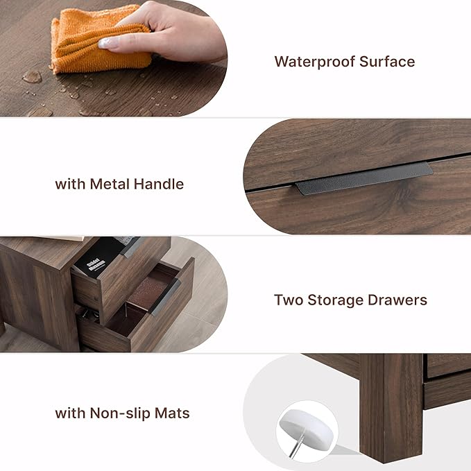 21" Farmhouse Nightstand Set of 2 with Charging Station 2 Drawers Large End Table with Metal Handle Rustic Low Night Stand Wood Dresser for Living Room Bedroom Closet,Walnut