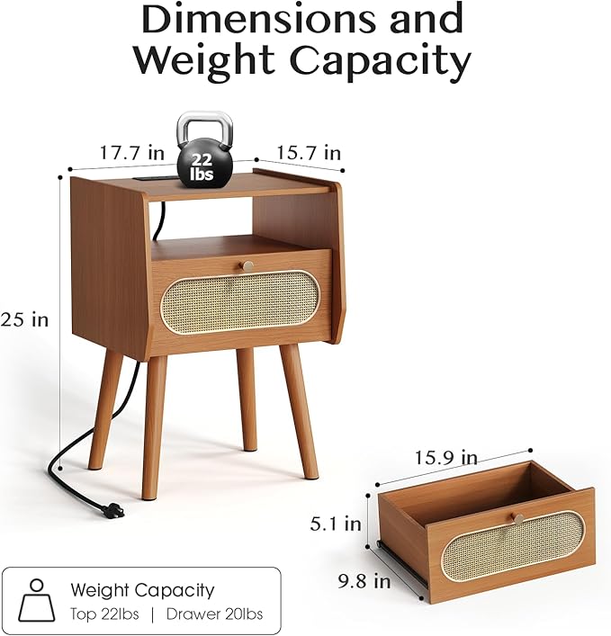 Night Stand Set 2, Mid Century Modern Nightstands, Wooden Bedside Table with Charging Station & Rattan Drawer, Boho End Table with Storage, Solid Wood Legs Side Tables for Bedroom, Cherry