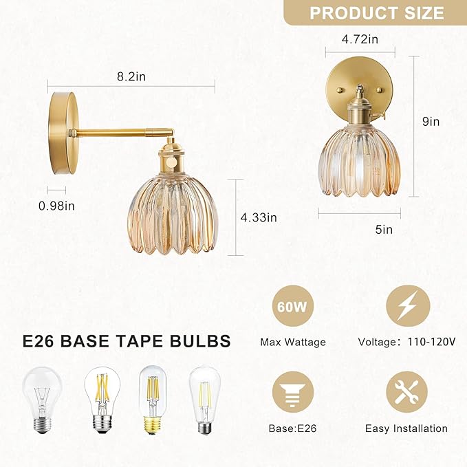 Hardwired Wall Sconce Light, Vintage Wall Sconce with Switch, Gold Wall Light Fixture with Tulip Amber Glass Lampshade, Indoor Wall Light for Bedroom Bathroom, Bedside Wall Lamp