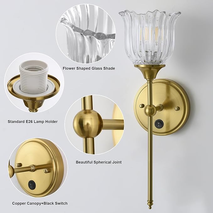 Modern Wall Sconces Set of 2 with Clear Flower Glass Shade, Mid Century Bathroom Vanity Wall Light Fixtures Gold Vintage Wall Lights with Switch for Mirror Bedroom Living Room