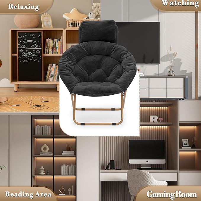 Athena Collection Comfy Saucer Chair with Headrest Oversize Round Cozy Chair Folding Chair Faux Fur Metal Frame Foldable Reading Chair Accent Chair for Bedroom Living Room, Black