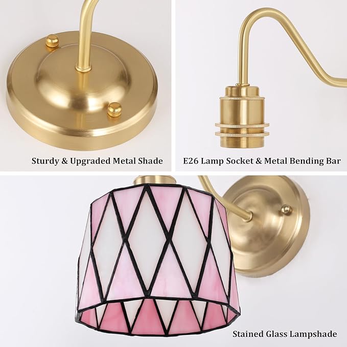 Vintage Battery Operated Wall Sconce Set of 2, 5000mAh Rechargeable Wall Lamp 12 RGB Colors Dimmable, Gold Lights Fixture for Bedroom Bathroom Living Room Hallway Pink Checker