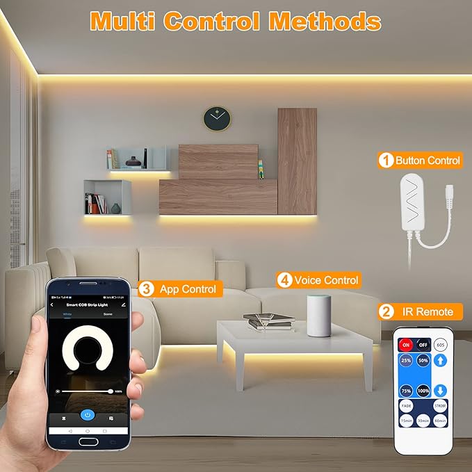 Smart White COB Led Strip Light with Remote, 32.8ft 3000K Bright Warm White WiFi COB Light Strip Compatible with Alexa Google, Dimmable Indoor Led Lights for Cabinet, Room, 2 Rolls of 16.4ft