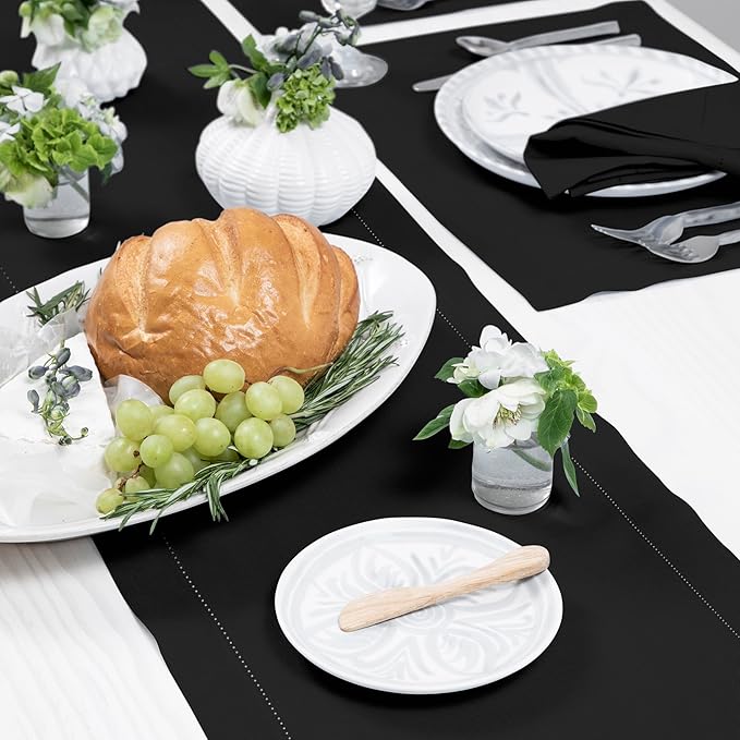 Solino Home Linen Black Table Runner 120 Inches Long - 100% Pure Linen 14 x 120 Inch Table Runner for Fall, Autumn, Halloween, Thanksgiving, Holiday - Classic Hemstitch